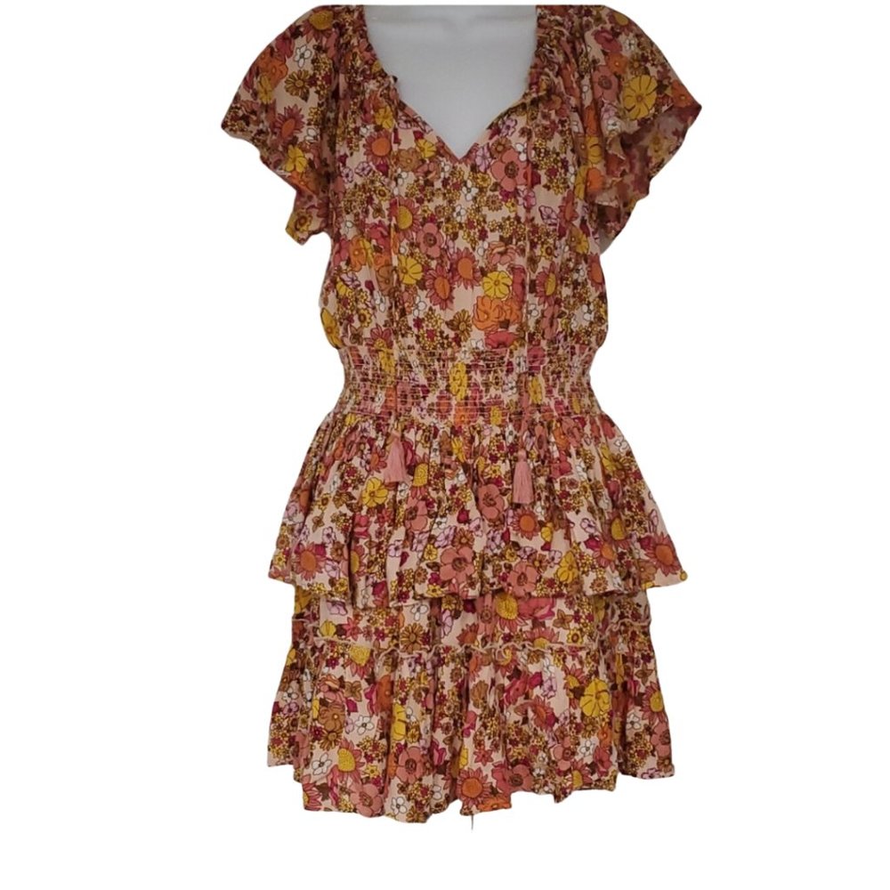 Patrons of Peace Smocked Waist Floral Tiered Boho Dress. Size Small